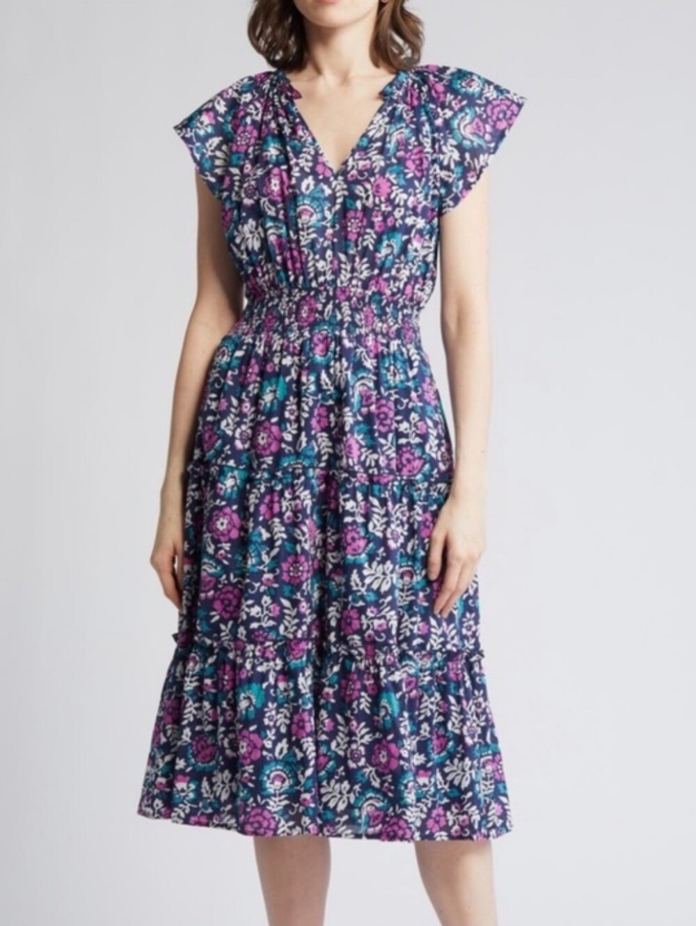 NWT Rails Amellia Woodblock Floral Tiered Midi Dress Size M